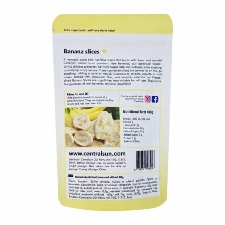 külmkuivatatud banaani viilud - centralsun - paki tagakülg