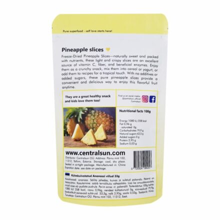 Külmkuivatatud ananassi viilud - Centralsun - paki tagakülg