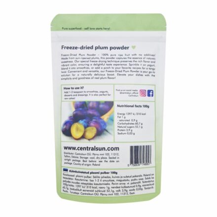 Külmkuivatatud Ploomi pulber - Centralsun - paki tagakülg
