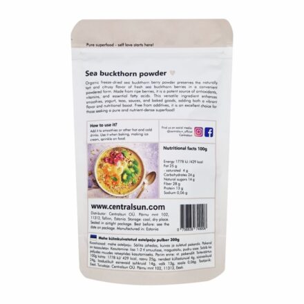 Mahe külmkuivatatud astelpaju pulber - Centralsun - paki tagakülg