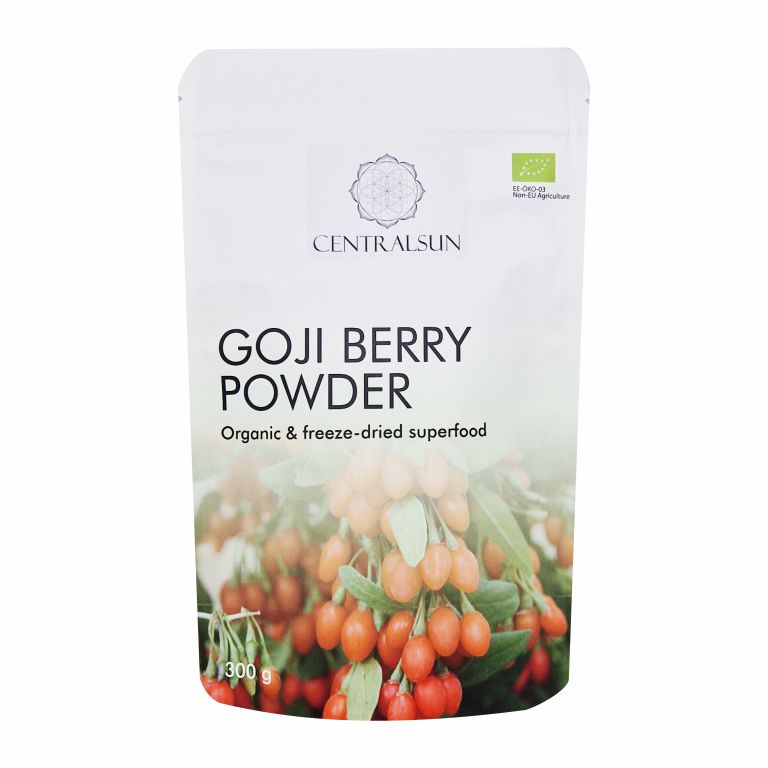 Mahe Külmkuivatatud Goji marja pulber - Centralsun - paki esikülg Mahe Külmkuivatatud Goji marja pulber - Centralsun - paki esikülg