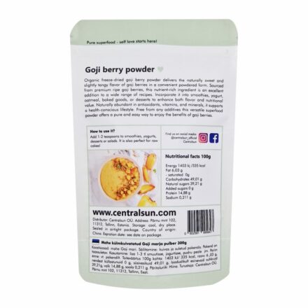 Mahe Külmkuivatatud Goji marja pulber - Centralsun - paki tagakülg
