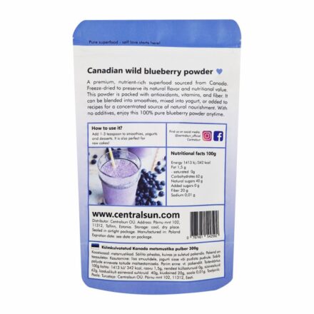 Külmkuivatatud Kanada metsmustika pulber - Centralsun - paki tagakülg