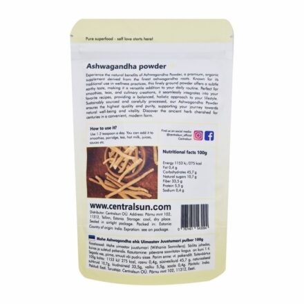 Mahe ashwagandha pulber koostisosad ja kasutusinfo pakendi tagaküljel Centralsun