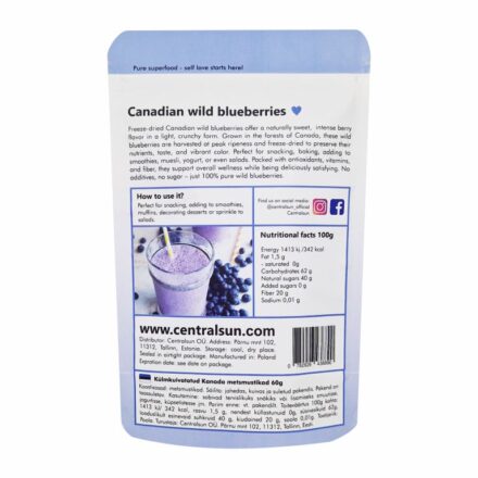 Külmkuivatatud Kanada metsmustikad - paki tagakülg