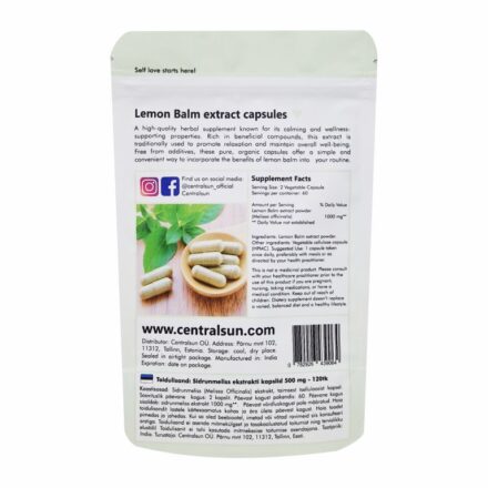 Lemon Balm Extract Capsules 500mg – 120 pcs | Centralsun back